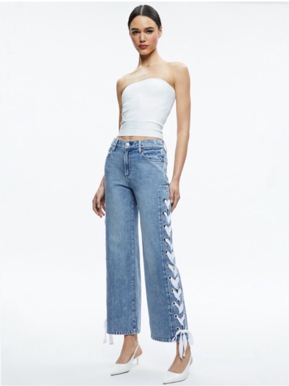 NWT Alice + Olivia Reita Lace-Up Wide Leg Jeans Size 28